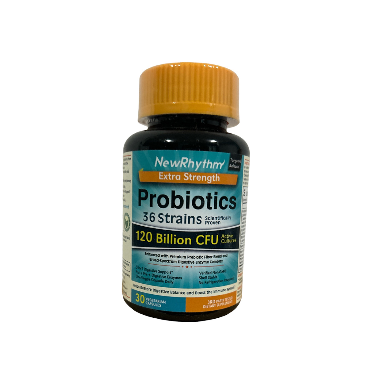 Probiotics 120 billones newrhythm frente Probiotics 120 billones cfus 36 cepas 30 caps Newrhythm